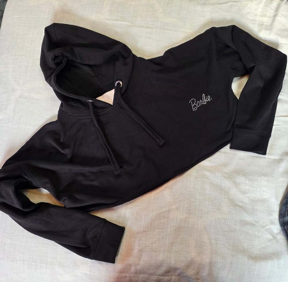 Barbie x Missguided Black Cropped Rhinestone Script Hoodie